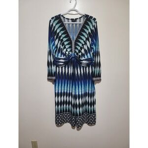 Voir Voir Ikat Print Dress Womens 18 Blue Geometric Knot Front V-Neck